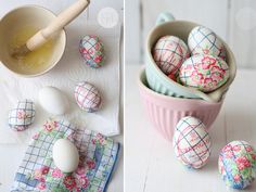 there are some decorated eggs in a bowl and on the table next to it is an egg whisk