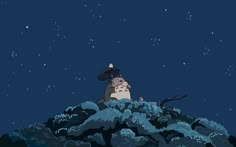 a cartoon character sitting on top of a hill under the stars