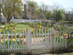 a white picket fence with flowers in the foreground and a house in the background