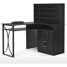 an office desk with two drawers and a shelf