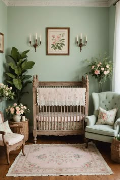 a baby's room with a crib, rocking chair and flowers on the wall