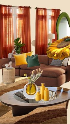 a living room filled with furniture and orange drapes on the window sills