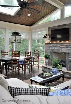 a living room filled with furniture and a flat screen tv mounted on the wall above a fire place