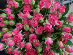 a bouquet of pink roses sitting on top of a green planter in front of a building