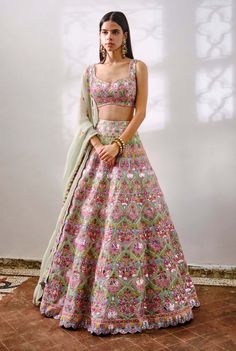 Aneesh Agarwaal-Green Vases Lehenga Set-INDIASPOPUP.COM Indian Trending Outfits, Indian Lehenga Modern, Choli Ideas, Aneesh Agarwaal, Wedding Lengha, Green Vases, Indian Bridesmaid Dresses, Haldi Outfits, Bridal Lengha