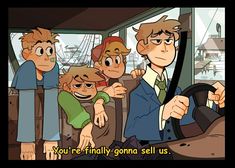 an animated image of people on a bus with the caption you're finally gorna sell us