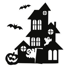 a black and white silhouette of a house with halloween decorations