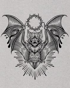 a drawing of a bat with wings on it's back and the head of a demon