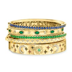 At Ross-Simons, we recognize the style power of versatile classics. An RS exclusive. Shine like the stars of New York's most famous boulevard! Our "Broadway Stack" of five showy bangle bracelets will plant you right in the spotlight. This 18kt yellow gold over sterling silver set features: a 2.00 ct. t.w. sapphire bangle bracelet, a .80 ct. t.w. emerald and .26 ct. t.w. diamond bangle bracelet, a 1.70 ct. t.w. emerald bangle bracelet, a diamond-accented star bangle bracelet and a .30 ct. t.w. mu Sapphire Bangle, Shine Like The Stars, Pearl Jewelry Shop, Star Bangle, Jewelry Presentation, Diamond Bangle Bracelet, Bangle Bracelet Set, Diamond Bangles Bracelet, Sterling Jewelry