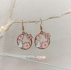 These beautiful pendant earrings of a white rabbit surrounded by falling petals is made from alloy and enamel and the earring hooks are elegant KC gold. The pendant is 2.5cm tall and 2.3cm wide. Falling Petals, Bow Choker, Rose Choker, Gold Animals, Satin Ribbon Bow, Fancy Jewelry, Fashion Designs, Enamel Earrings, Earring Hooks