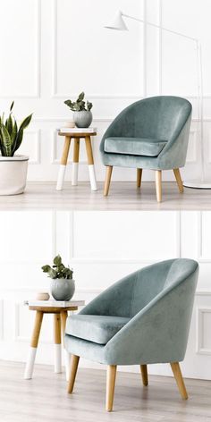 two different views of the same chair and table with potted plants on it in front of white walls