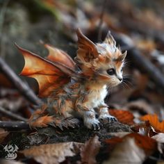 a small kitten with orange wings sitting on top of leaf covered ground next to twigs