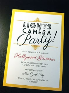 a yellow and white party card with the words light's camera party on it