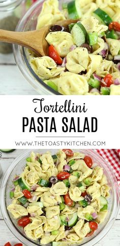 pasta salad with tomatoes, cucumbers and olives in a glass bowl