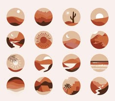 an image of different types of mountains and trees in circle shapes on a pink background