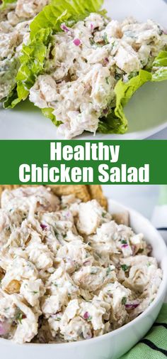 healthy chicken salad with lettuce in a white bowl