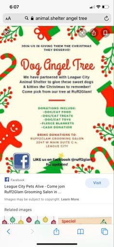 the dog angel tree facebook page is displayed with an image of christmas decorations on it