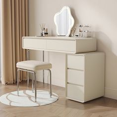 a white dressing table with mirror and stool in a room next to a window on the floor