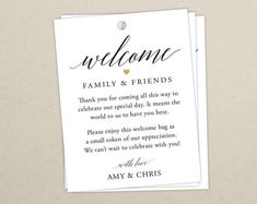 two white tags with the words welcome and family and friends written in gold on them