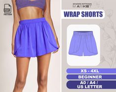 a woman's shorts with the text, wrap shorts xs - 4xl beginner ao / us letter