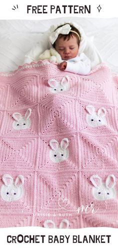 a baby sleeping in a crochet bunny blanket