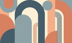 an art deco style wallpaper with abstract shapes in shades of blue, orange and pink