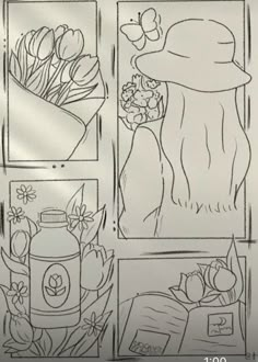 a drawing of flowers and vases in front of a window