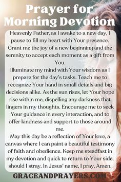 a prayer for a woman with the words, prayer for morning devvation on it