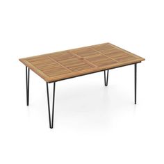 a wooden table with black metal legs and a square shaped design on the top, against a white background