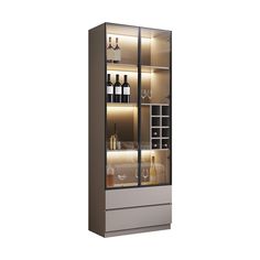 a tall glass cabinet with bottles and glasses on it's sides, in front of a white background