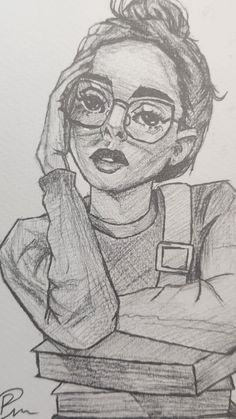 a pencil drawing of a woman with glasses holding a book and looking at the camera