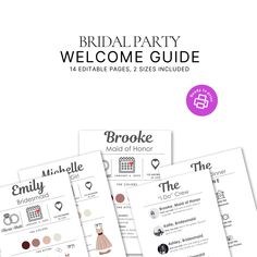 the bridal party welcome guide for brides and grooms is shown in three different colors