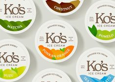 six different kinds of ice creams on a white background with the words ko's written below them