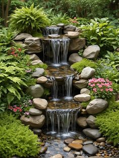 a small waterfall surrounded by rocks and plants