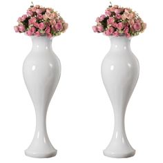 two white vases with pink flowers in them on a white background, one is larger than the other