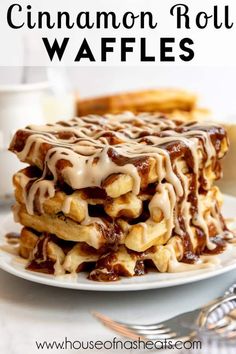 a stack of cinnamon roll waffles on a plate