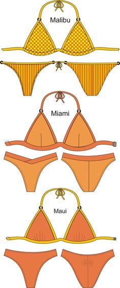 three different types of bikinis with the names and numbers on them, including one in orange