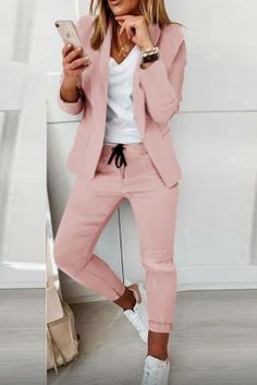 Pink Casual and fashionable suit set Straight Clothes, Two Piece Pants Set, Pink Suit, Blazer Set, Workwear Fashion, Turndown Collar, Long Sleeve Blazers, Suit Fashion, Drawstring Pants