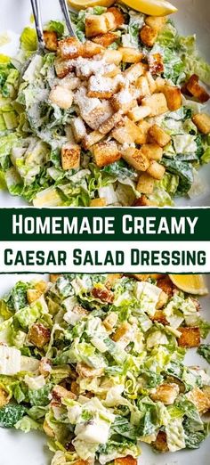 this homemade creamy caesar salad is loaded with croutons and parmesan cheese