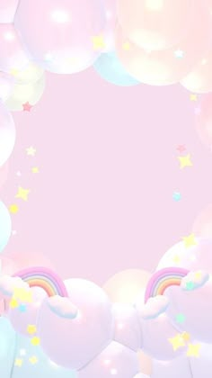 a pink background with balloons and stars in the center, as well as a rainbow