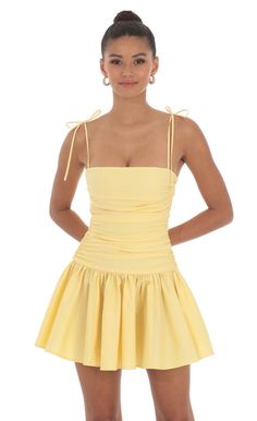 Ruched Fit and Flare Dress in Yellow | LUCY IN THE SKY Yellow Hoco Dress, Yellow Homecoming Dresses, Cute Formal Dresses, School Dance Dresses, Cute Homecoming Dresses, Yellow Mini Dress, Rush Dresses, Pretty Prom Dresses, Grad Dresses