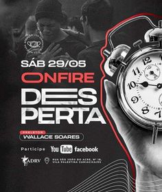 a person holding an alarm clock in front of a black and white poster with the words, sab 2095 on fire des perita