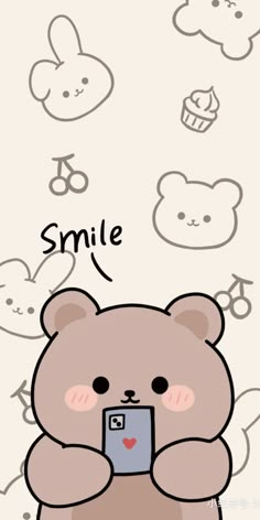 a cartoon bear holding a camera in its paws with the words smile on it's face