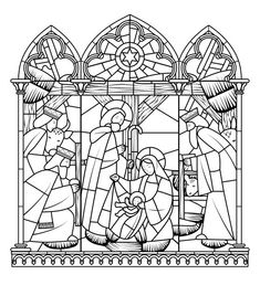 three stained glass windows depicting the birth of jesus and baby jesus in black and white