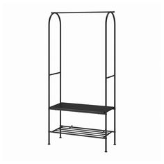 a black metal shelf with two shelves on each side and an iron rack underneath it