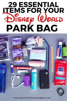 the contents of a disney world park bag with text overlay that reads 29 essential items for your disney world park bag