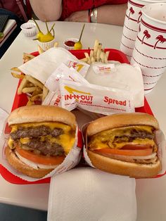 two cheeseburgers and fries on a tray at a fast food restaurant with paper napkins