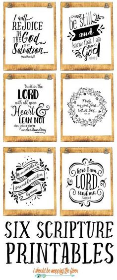 six hand lettered prints with the words, bibles and symbols