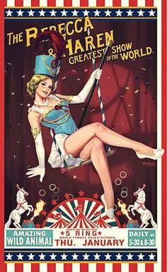 an old circus poster with a pin up girl on the top of a pole and some confetti