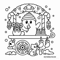 a coloring page with an image of a cartoon character on a wagon in the snow